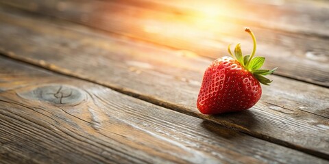 Aufkleber - A single ripe strawberry rests on a rustic wooden surface, bathed in warm sunlight.