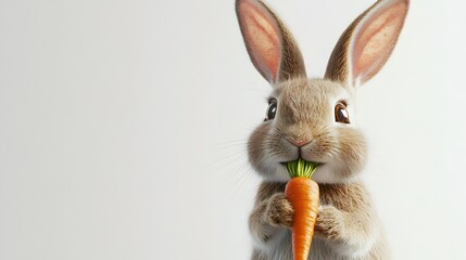 Wall Mural - 3. A rabbit nibbling on a carrot, its ears perked up, with a clean white background