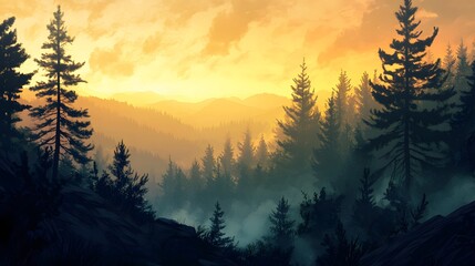 Golden Sunset Over Misty Mountain Forest