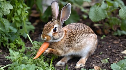 Wall Mural - 3. A rabbit nibbling on a carrot, its ears perked up, with a clean white background