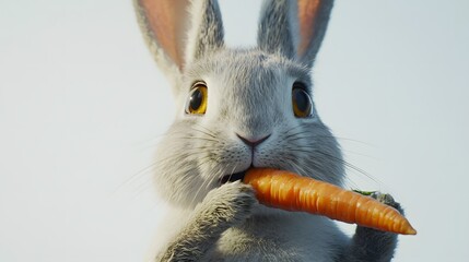 Wall Mural - 3. A rabbit nibbling on a carrot, its ears perked up, with a clean white background