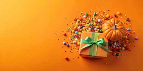 Poster - Autumnal Gift Box Surrounded by Colorful Candies and a Miniature Pumpkin on an Orange Background