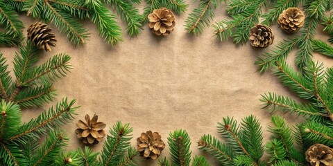 Poster - A Festive Frame of Evergreen Branches and Pine Cones on Rustic Paper