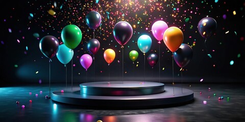 Poster - Dark celebratory platform with colorful balloons and confetti