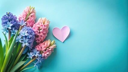 Poster - Pastel Hyacinths and a Delicate Heart Shape on a Light Blue Background