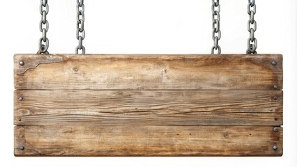 Poster - Rustic Weathered Wooden Sign Hanging from Metal Chains, Ideal for Displaying Your Message or Announcement