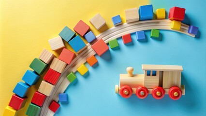 Aufkleber - Colorful Wooden Blocks and Toy Train on a Pastel Background