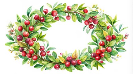 Poster - Watercolor illustration of a vibrant berry wreath with lush green foliage perfect for seasonal designs