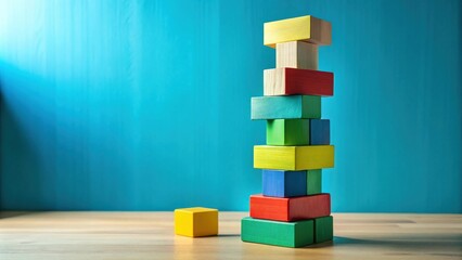 Aufkleber - A colorful tower of wooden blocks against a vibrant blue background, a single block rests apart, symbolizing growth, construction, and possibility.