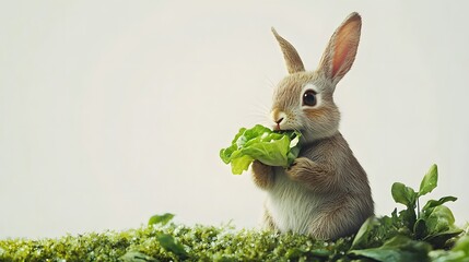 Wall Mural - 35. A rabbit eating lettuce, sitting on the ground with a white background