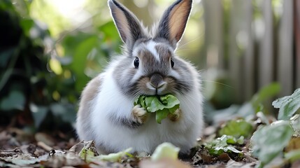 Wall Mural - 35. A rabbit eating lettuce, sitting on the ground with a white background