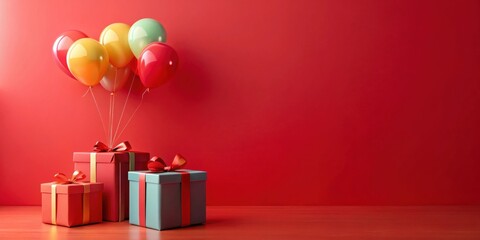 Poster - Festive Celebration Colorful Balloons and Gift Boxes on Red Background