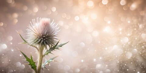 Poster - A delicate thistle blossom, adorned with a soft, ethereal glow, against a shimmering bokeh backdrop.