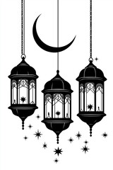 Poster - Hanging arabic lanterns with crescent moon and stars celebrating ramadan kareem