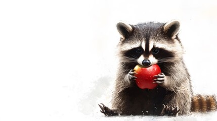 Wall Mural - 37. A raccoon eating an apple, sitting in front of a white background