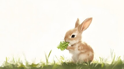 Wall Mural - 41. A rabbit nibbling on lettuce, sitting on the grass with a plain white background