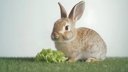 41. a rabbit nibbling on lettuce, sitting on the grass with a plain white background