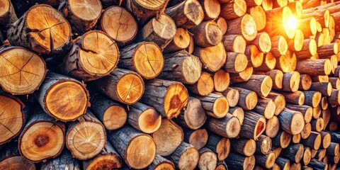 Poster - A Stack of Timber Logs Bathed in Golden Sunlight, Showing the Natural Beauty and Texture of the Wood