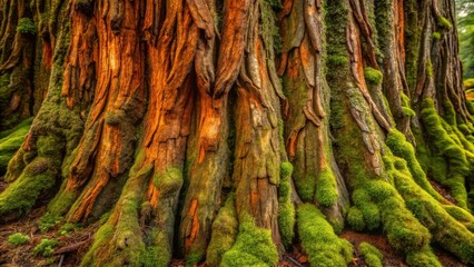Poster - Ancient Tree Base Covered in Lush Green Moss and Rich Orange Bark