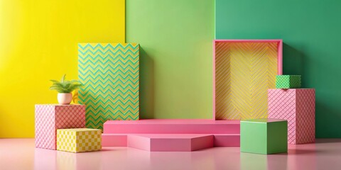 Poster - Vibrant Pink, Green, and Yellow Geometric Display with Plant