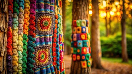 Poster - Vibrant yarn art adorns tree trunks in a sun-drenched forest setting, creating a whimsical and colorful scene.