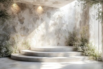 Poster - elegant white stone podium surrounded by nature, showcasing platforms with dappled sunlight and deli