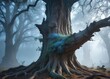 © AiGallery - A veil of blue mist shrouding a ancient tree trunk , tree trunk, nature, mysterious