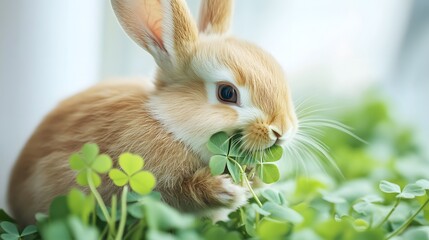 Wall Mural - 49. A rabbit chewing on clover, with its nose twitching, set against a white background