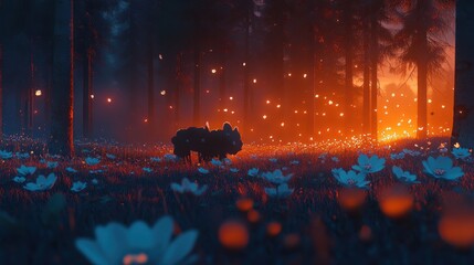 Wall Mural - Enchanted Forest Scene with Glowing Lights and Colorful Flowers