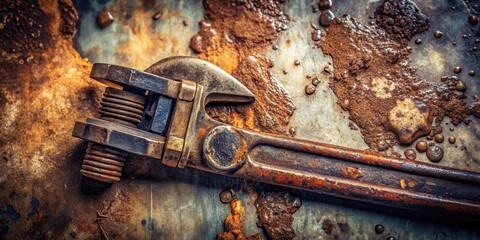 Poster - Rusty old adjustable wrench on a corroded metallic surface