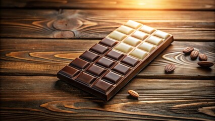 Poster - A half dark chocolate, half milk chocolate bar rests on a rustic wooden surface, accompanied by several cocoa beans.