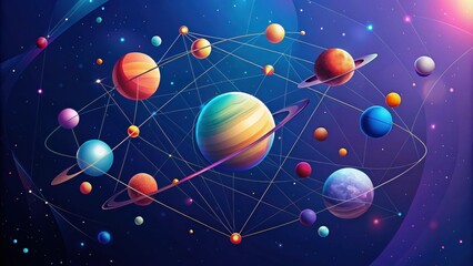 Wall Mural - a vibrant illustration of a planetary system with interconnected celestial bodies orbiting within a 