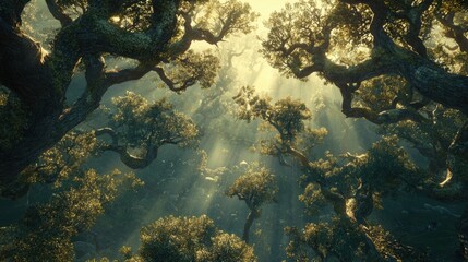 Wall Mural - Ethereal Sunlight Filtering Through Ancient Tree Canopy in Forest