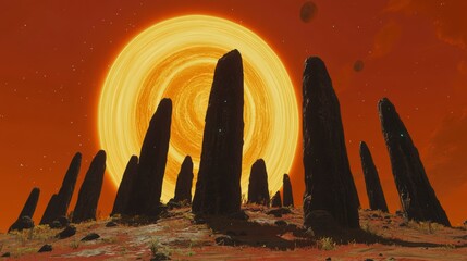 Wall Mural - Majestic Rock Formation Under Glowing Planetary Body at Dusk