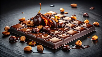 Poster - Luscious dark chocolate bar adorned with figs, nuts, and coffee beans, drizzled with melted chocolate.