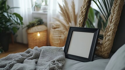 Wall Mural - Cozy Home Decor with Blank Frame and Soft Knitted Blanket