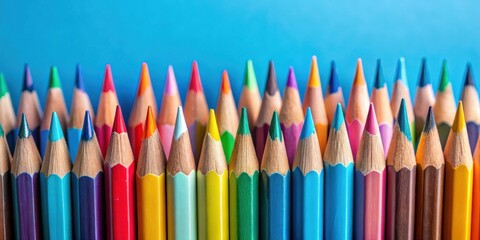 Poster - A vibrant collection of sharpened colored pencils arranged in a neat row against a bright blue background