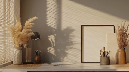 Wall Mural - Cozy workspace design with natural elements and soft sunlight