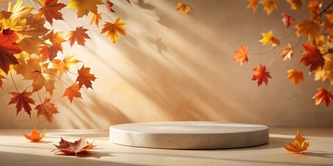 Poster - Autumnal Display  Stone Platform with Falling Leaves and Sunlight