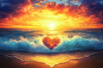 Poster - A breathtaking sunset over the ocean, with waves crashing onto golden sand and vibrant colors in the sky