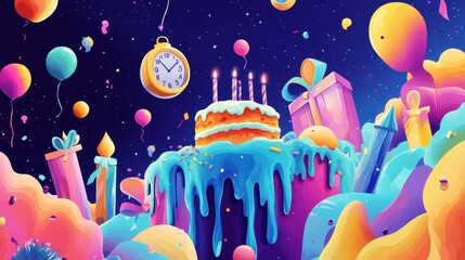 Wall Mural - Festive Birthday Cake With Balloons and Gifts