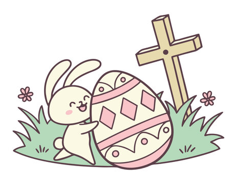 cute easter bunny hugging a large decorated egg with a cross in the background, surrounded by grass and flowers. perfect for easter-themed designs and celebrations