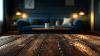Poster - Empty wooden table illuminating cozy living room with sofa and lamps