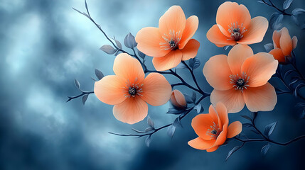 Wall Mural - Delicate Coral Blossoms Against a Dark Blue Sky, Artistic Floral Illustration