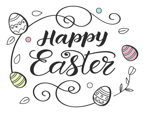 festive easter design featuring elegant calligraphy, ornamental flourishes, and vibrant eggs. ideal for seasonal greetings and holiday decor. vector graphic