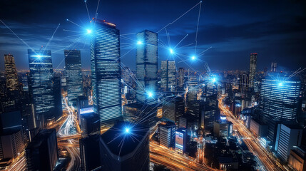 Aufkleber - Network connecting modern buildings in futuristic illuminated city at night