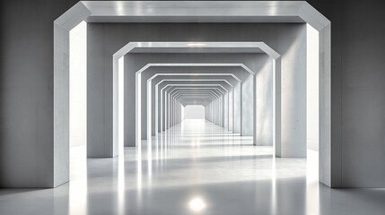 Poster - Empty modern corridor with octagonal pillars and shiny floor reflecting light