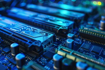Poster - Server blade closeup technology laboratory macro photography blue lighting innovative design exploration