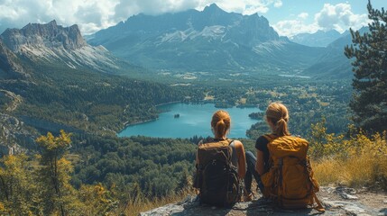 Sticker - Stunning Mountain Lake Vista: Two Hikers Enjoy Breathtaking Scenery