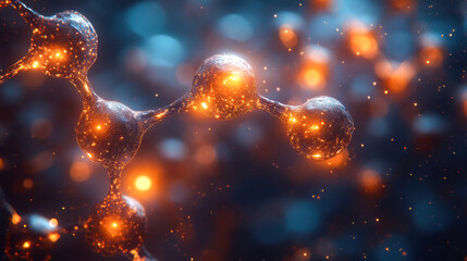 Poster - Abstract molecular structure in vibrant orange tones. Transparent interconnected spheres glow with energy, symbolizing scientific innovation and molecular biology